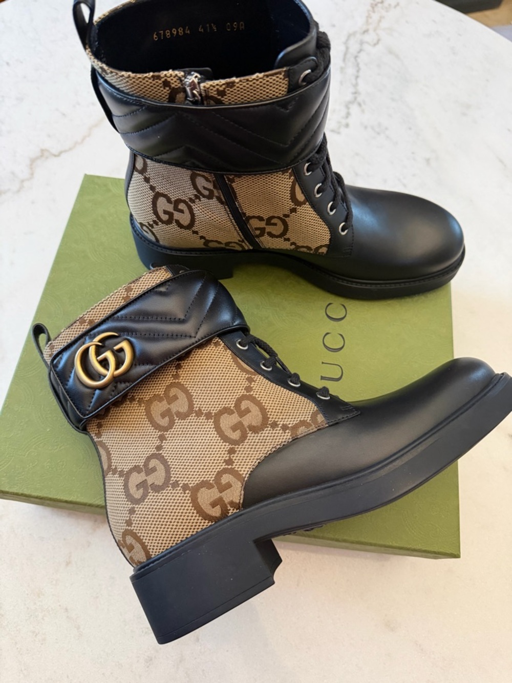Gucci GG Canvas & Black Leather Ankle Boots with Gold GG Logo.GUCCI Luxury Boots - Picture 3 of 15